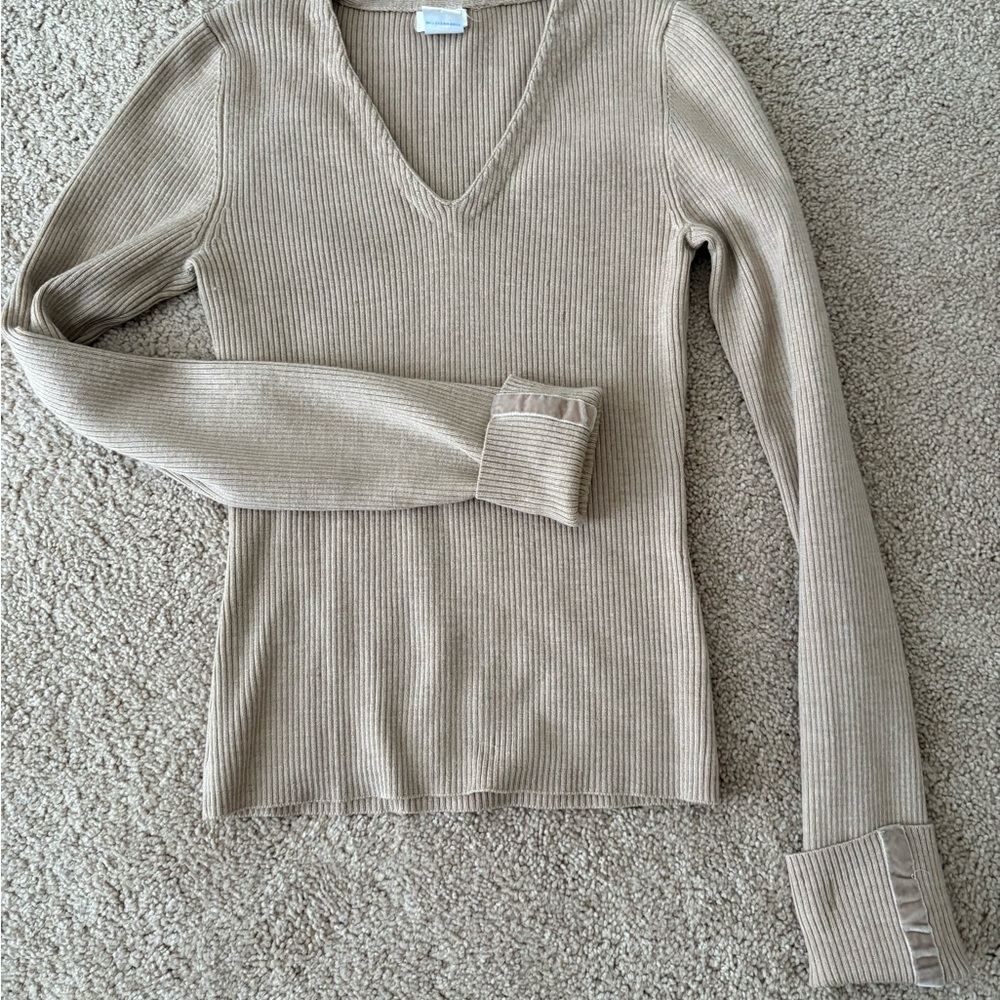 Aqua Tan Ribbed Knit Sweater 82% merino wool and velvet detail at sleeve M